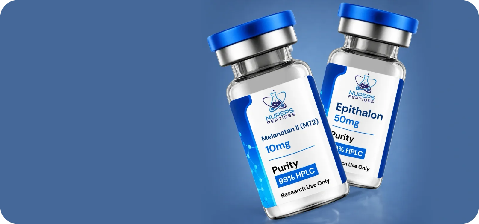 Zwei NUPEPS Peptides-Durchstechflaschen mit Reinheits- und Prüfetiketten