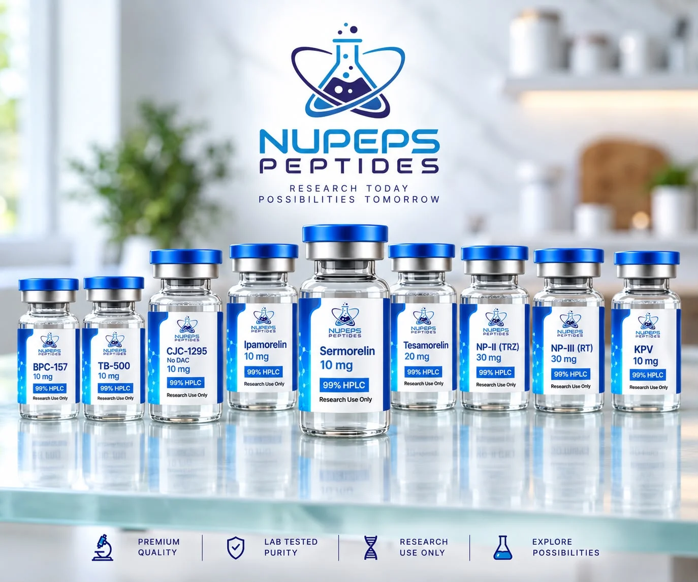 NUPEPS Peptides research vials, including BPC-157, TB-500, Ipamorelin and Sermorelin, beneath the NUPEPS Peptides logo