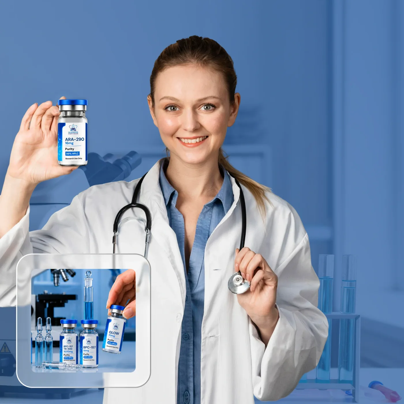 A researcher holding a NUPEPS Peptides vial, with labelled vials on the bench
