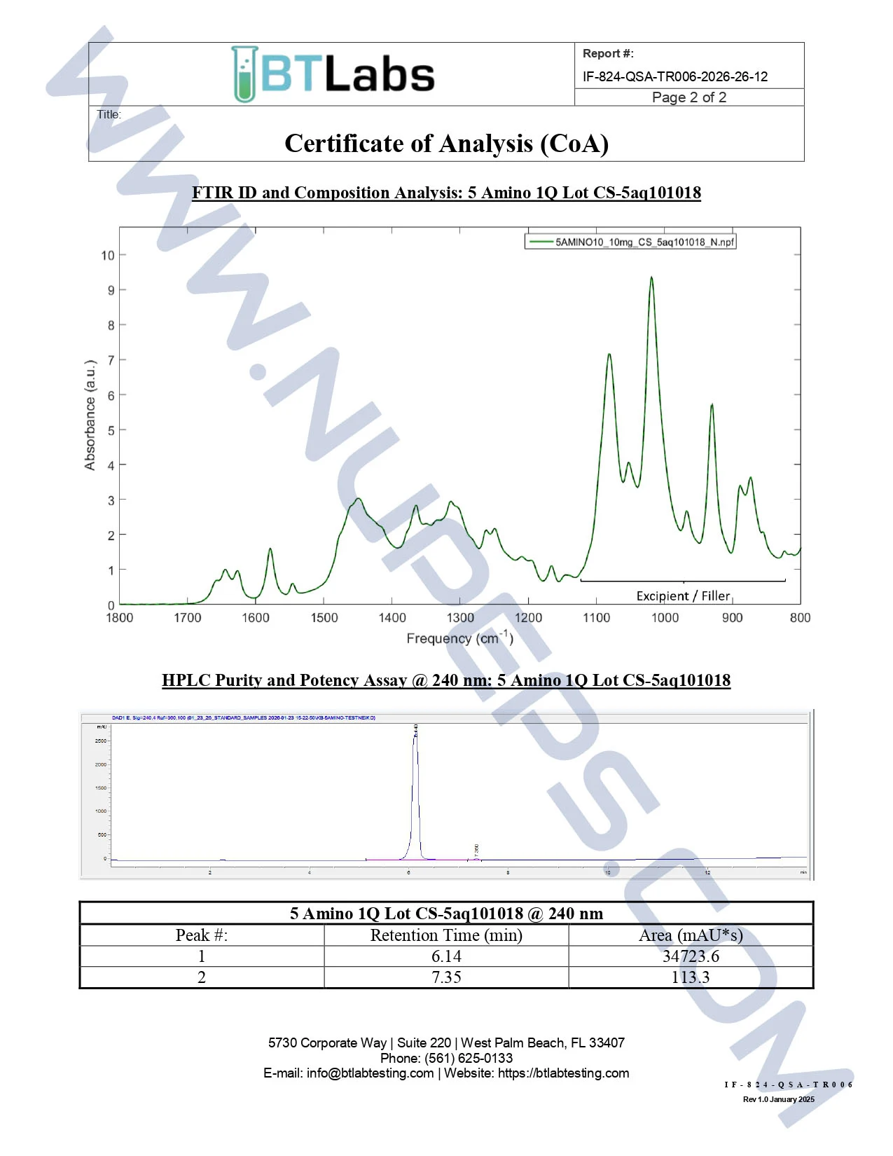Certificate of analysis for 5 AMINO 1MQ — 10MG