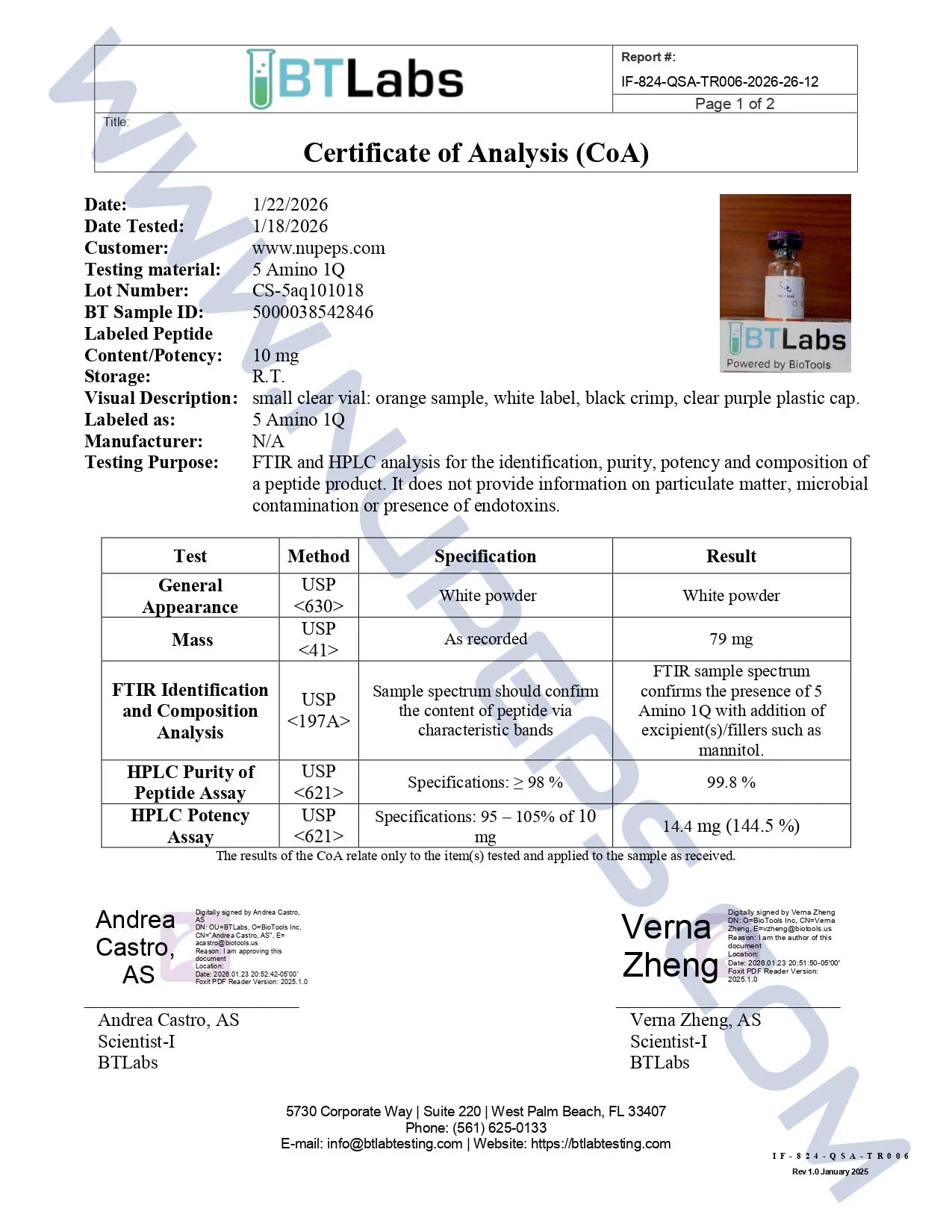 Certificate of analysis for 5 AMINO 1MQ — 10MG