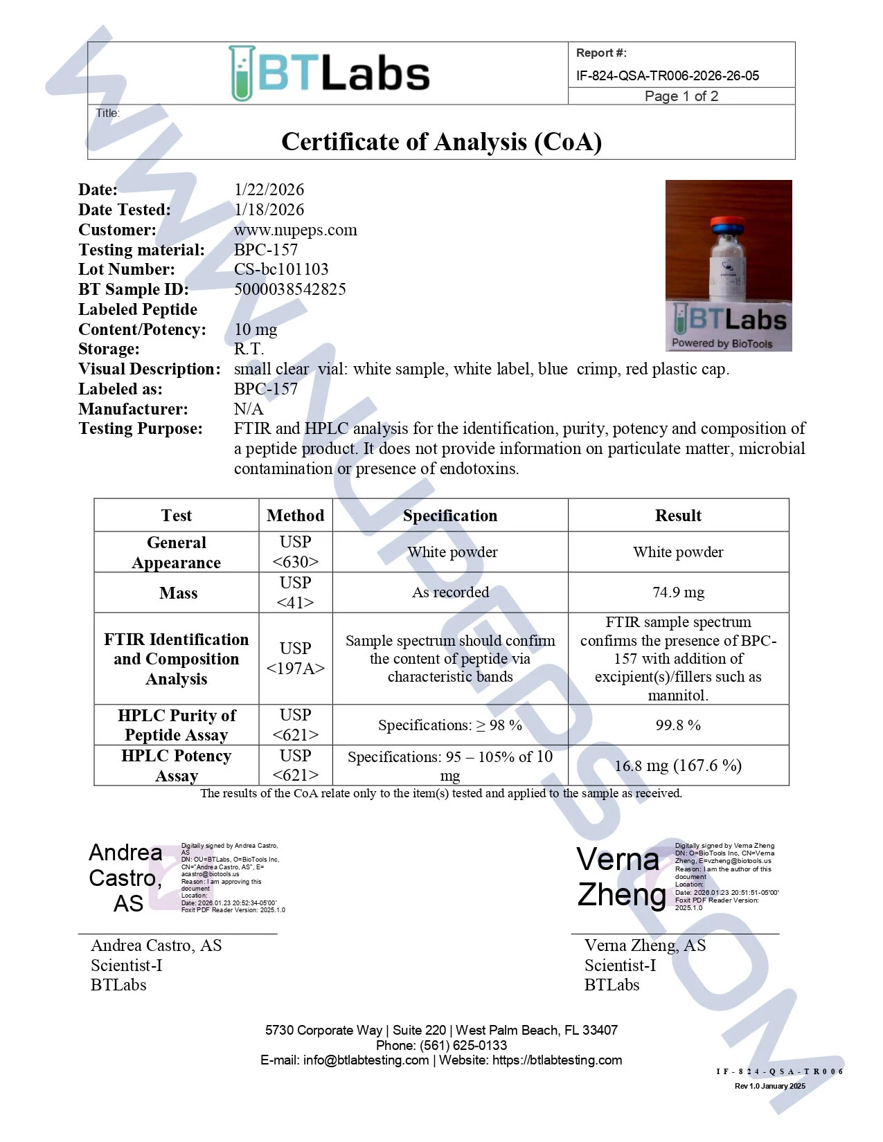 Certificate of analysis for BPC-157 10mg, as issued by the testing laboratory