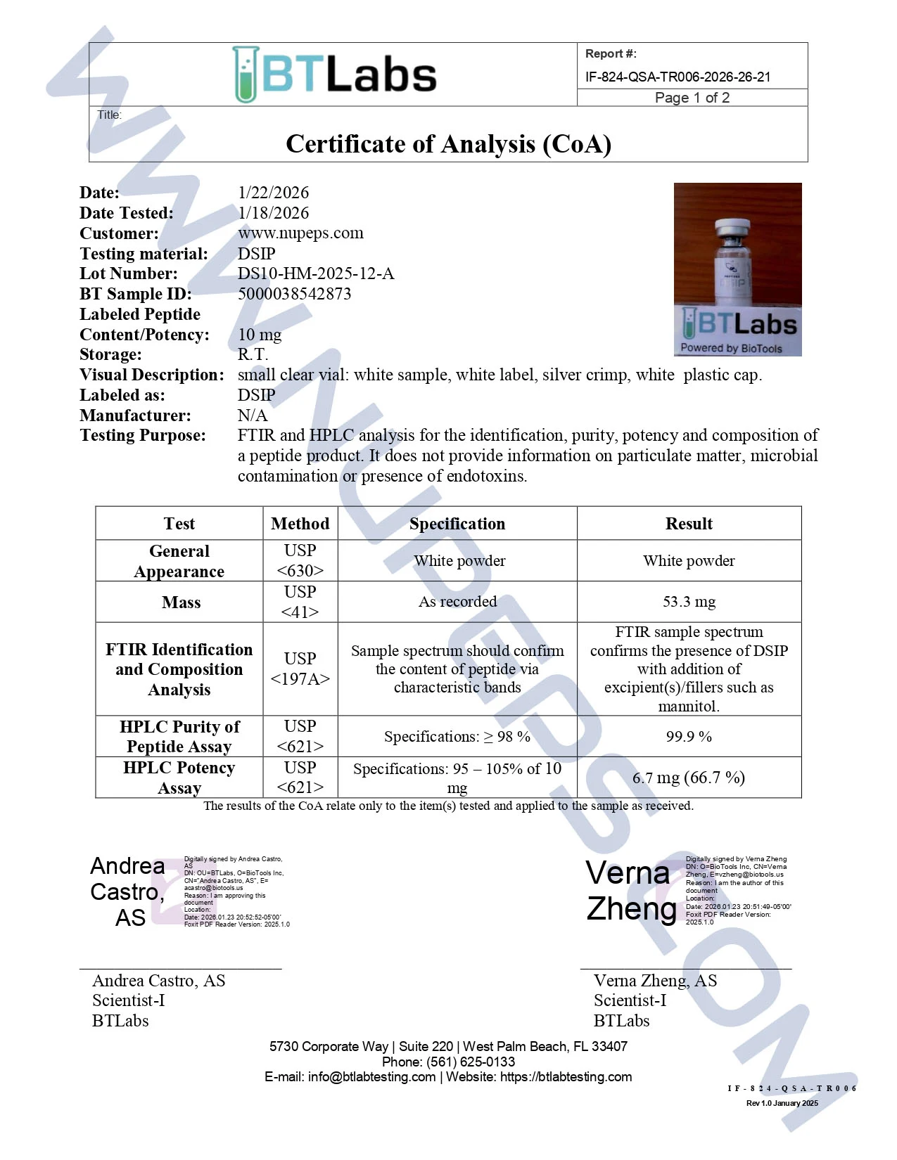 Certificate of analysis for DSIP — 10mg