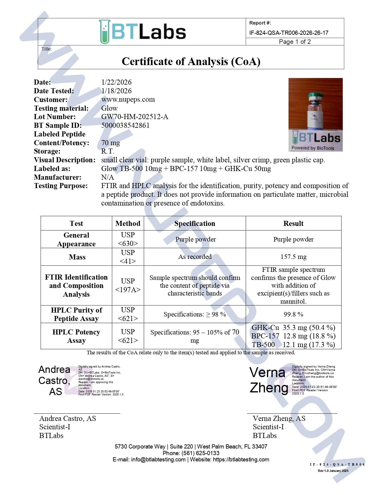 Certificate of analysis for GLOW — 70MG (GHK-CU / BPC-157 / TB-500)