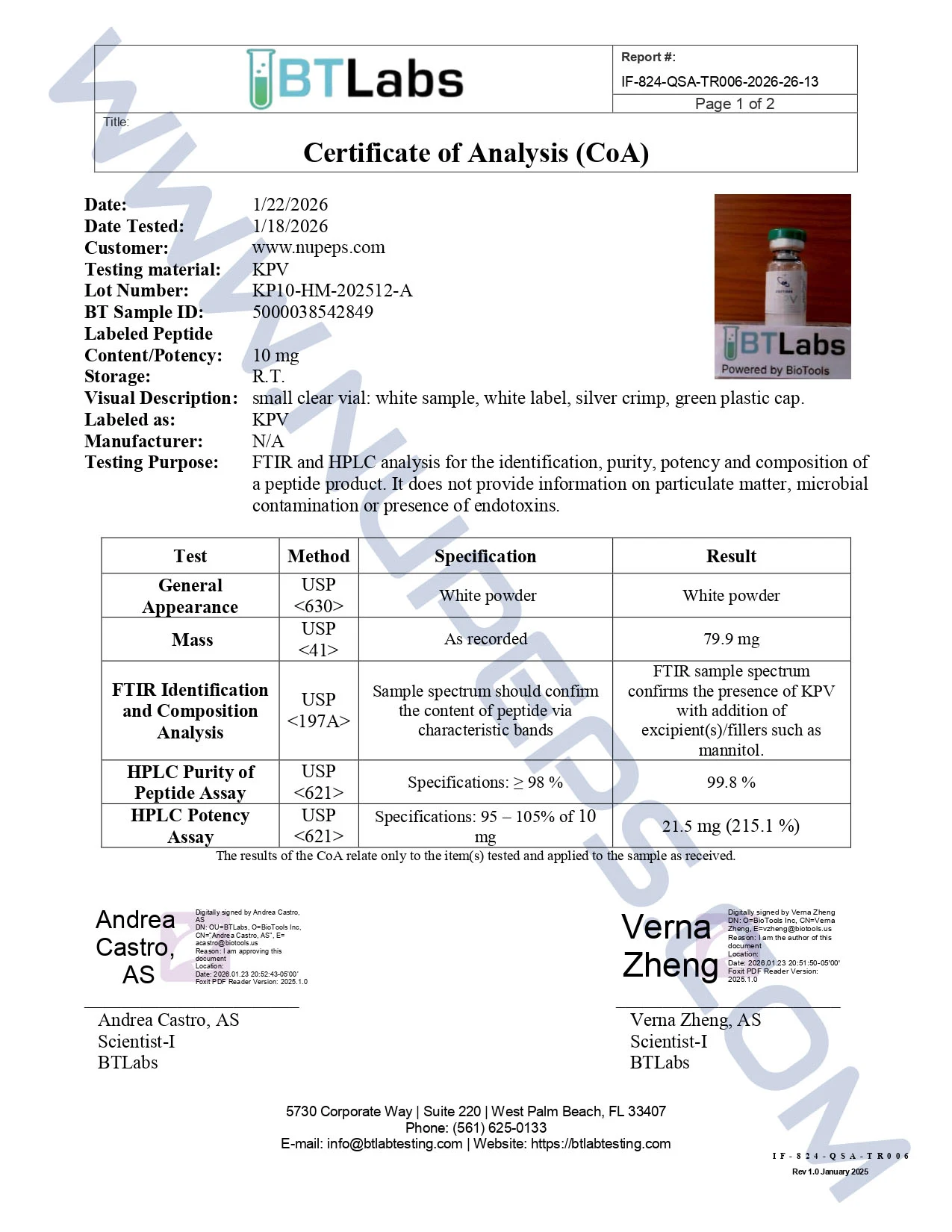Certificate of analysis for KPV — 10MG