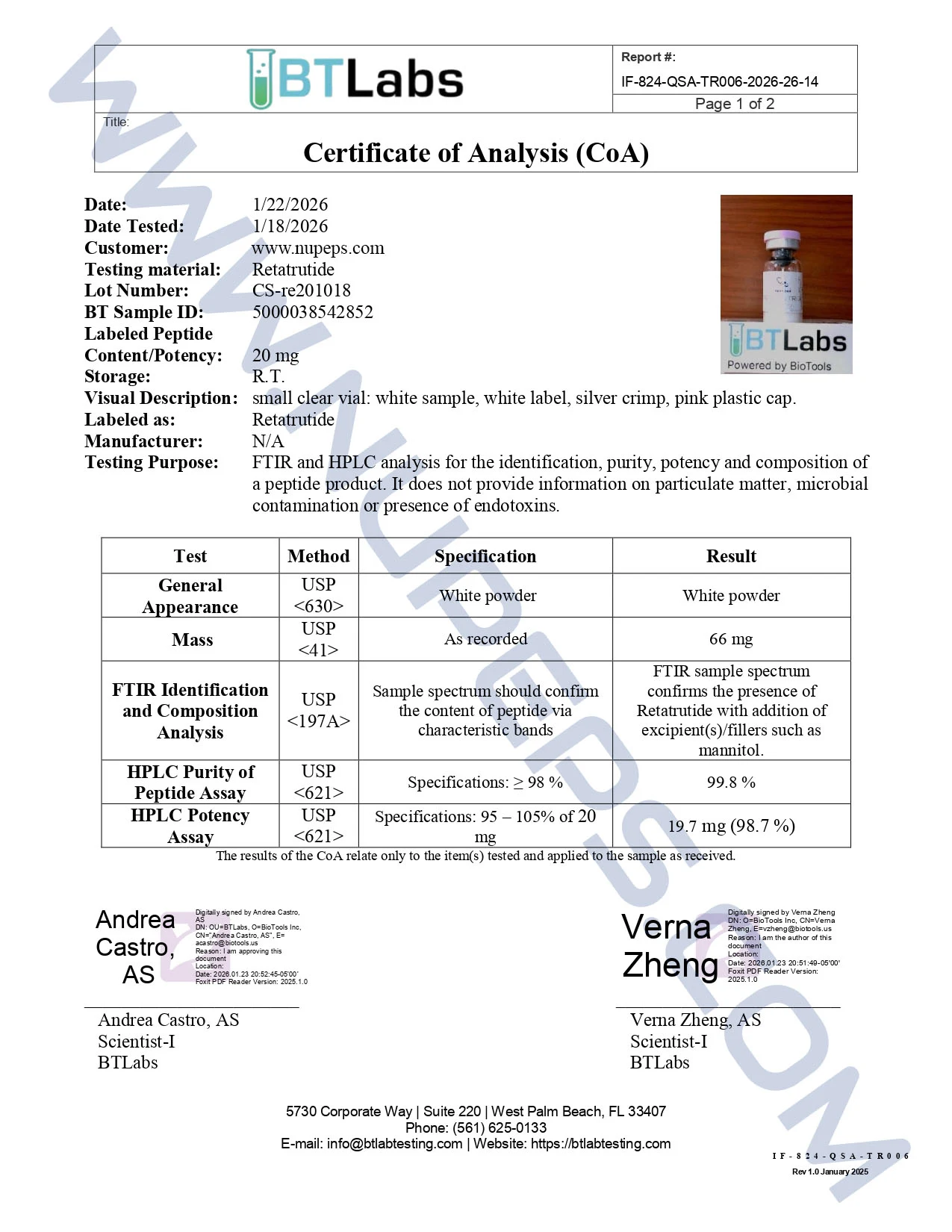 Certificate of analysis for RETATRUTIDE — 20MG