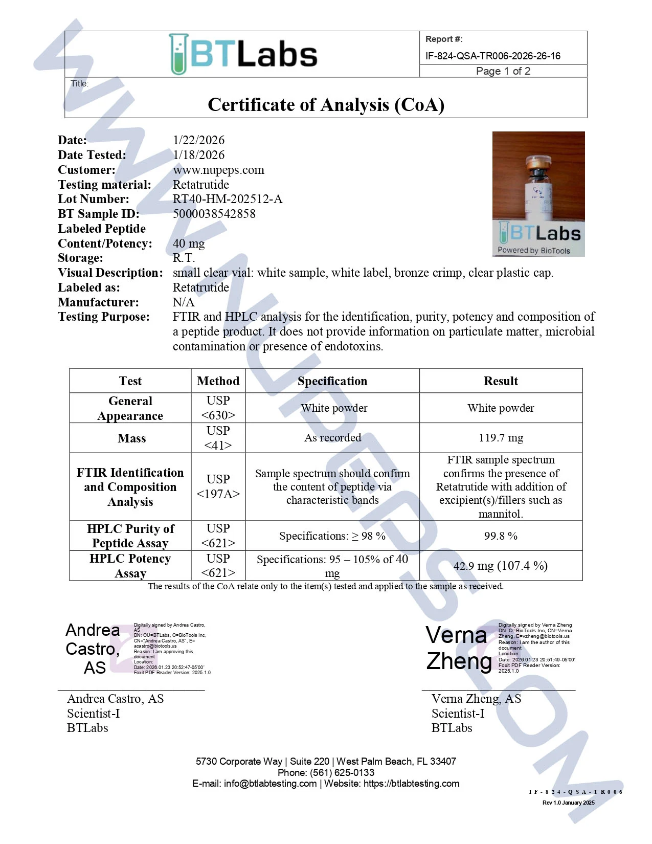 Certificate of analysis for RETATRUTIDE — 40MG