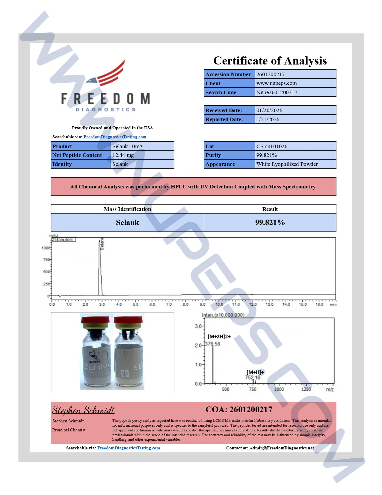 Certificate of analysis for Selank — 10mg