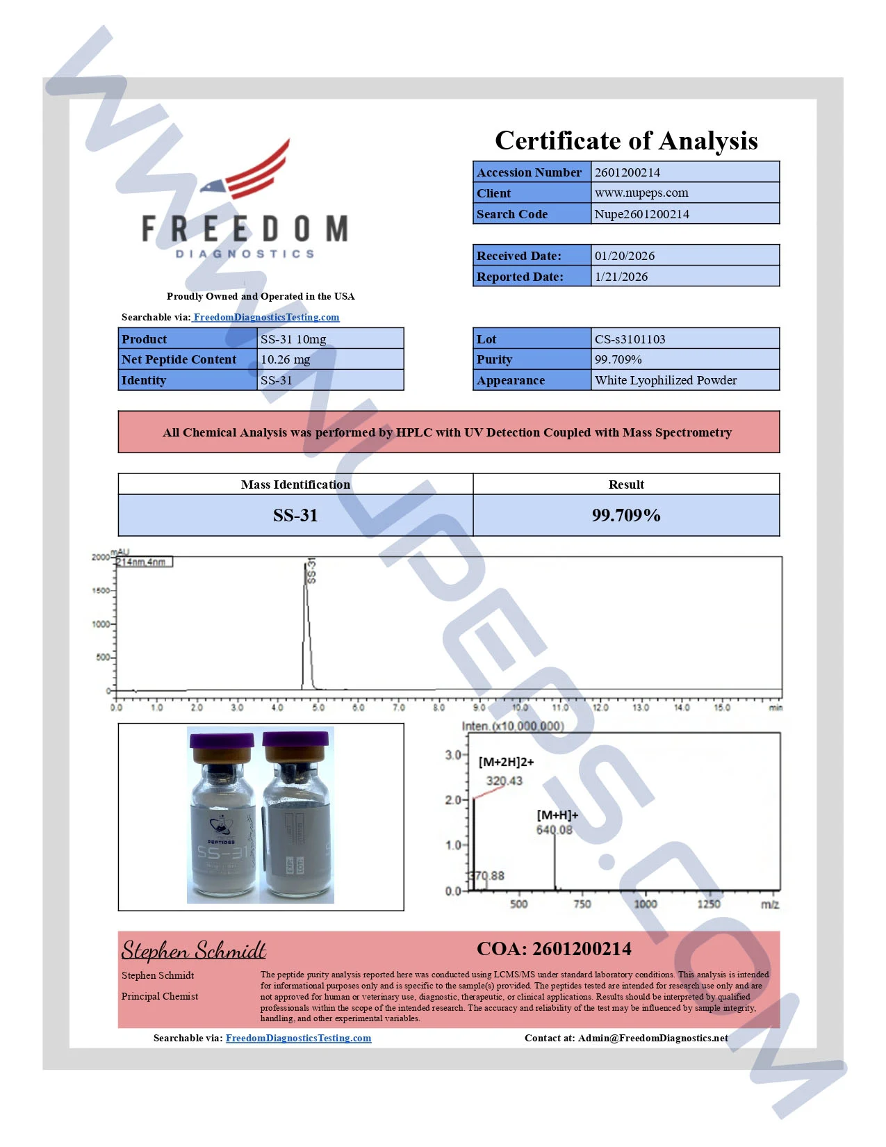 Certificate of analysis for SS-31 — 10mg