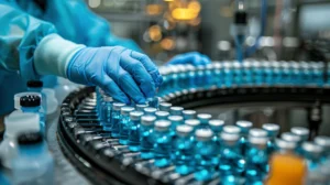 Gloved hands on a pharmaceutical assembly line