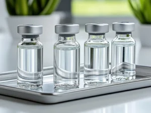 Four clear medical vials on a metal tray