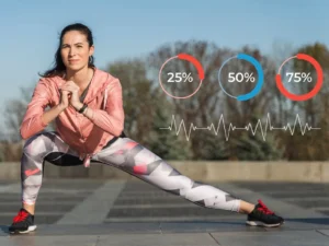 Woman stretching with fitness data overlay