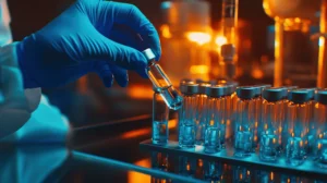 Gloved hand selecting a medical vial