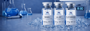Vials of Nupeps research peptides with lab bg